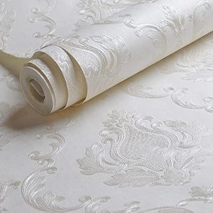 Cream White Damask Floral Wallpaper - Textured & Decorative for Vintage-Inspired Rooms